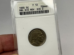 1935 Doubled Die Rev Buffalo Nickel in Early ANACS Holder