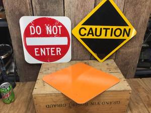 lot 214 image: 3 Metal Signs - Caution - Do Not Enter - Orange Diamond