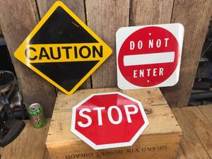 lot 220 image: 3 Metal Signs - Stop - Caution - Do Not Enter