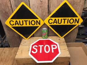 lot 231 image: 3 Metal Signs - Caution - Stop 12 x 12 - Retired