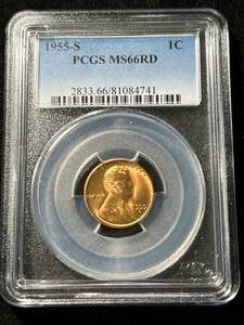 lot 10 image: 1955-S US WHEAT CENT PCGS MS66RD