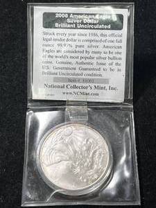 lot 12 image: 2008 AMERICAN SILVER EAGLE 1 TROY OZ .999 FINE SILVER IN AIRTITE