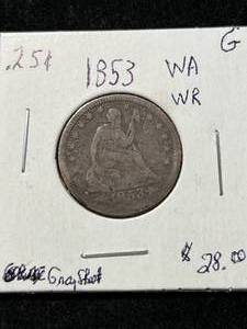 lot 20 image: 1853 WARROWS US SEATED LIBERTY QUARTER