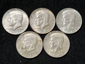 lot 23 image: GROUP OF 5 US 40% SILVER KENNEDY HALF DOLLARS