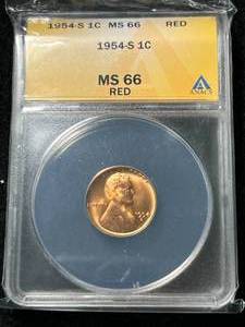 lot 24 image: 1954-S US WHEAT CENT ANACS MS66 RED