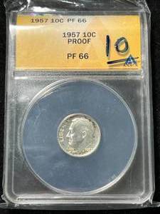 lot 25 image: 1957 US PROOF ROOSEVELT DIME ANACS PF66