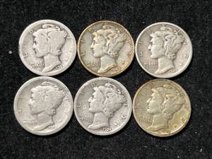 lot 31 image: GROUP OF 6 US MERCURY DIMES