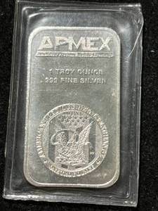 lot 39 image: 1 TROY OZ .999 FINE SILVER APMEX BAR