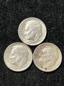 lot 52 image: 3 US SILVER ROOSEVELT DIMES