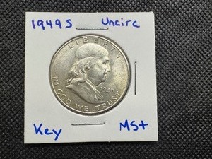 1949 S Uncirculated Key Date Franklin Half Dollar, MS Near Faultless Straps, Abrasions Not Visible with Naked Eye
