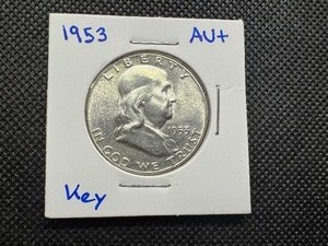 1953 AU Key Date Franklin Half Dollar. Appears Very Lightly Circulated, Excellent Straps, Near FBL