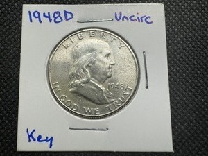 1948 D Key Date Uncirculated Franklin Half, Unbroken Luster-Fields & Devices, Full Straps, Near FBL