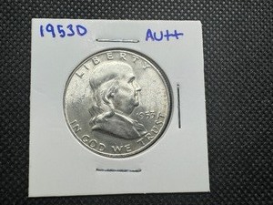 1953 D AU Franklin Half Dollar, Very Slightly Faded Luster, Otherwise MS Condition, Full Straps, Near FBL