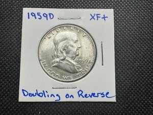 1959 D Mint Error Franklin Half Dollar, Doubling on Reverse, Ghost D Behind Mintmark, Doubling within United States XF Condition