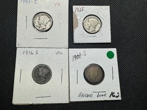 (4) Better Date Dimes, 1908S Barber, 1916S, 1925 and 1941S Mercurys