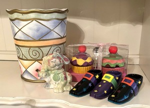 lot 30 image: Wamsutta Waste Basket, Puppy Figurine, 4 Piece Cupcake Sugar Bowl, and Sonoma Candle Holders