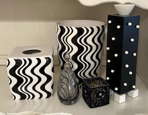 lot 77 image: Legnomagia Vase, Soap Dispenser, Tissue Holder, Waste Can and Candle Holder