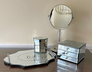 lot 124 image: Powder Room Accessories  Mirrored Vanity Tray, Jewelry Box, Mirror Stand and More