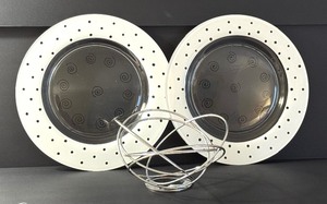 lot 263 image: Black and White Glass Chargers and Decorative Free Form Metal Basket