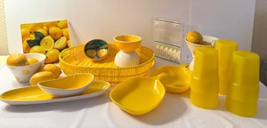lot 234 image: Fun and Bright Yellow and Lemon Themed Kitchen Items including a Vintage Lucite Wedge Pitcher