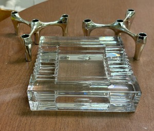 lot 354 image: Thick Glass Ashtray and Pair of Mid Century Stacking Chrome Candle Holders