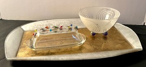 lot 182 image: Beautiful Gold and Silver Tone Glass Serving Tray, Decorative Glass Butter Dish and Footed Serving Bowl