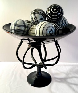 lot 189 image: Contemporary Black Glass Pedestal Bowl with Decorative Black and White Spheres