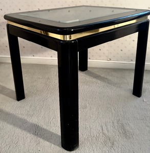 lot 376 image: Vintage Glass Top Black Lacquer Contemporary Accent Table with Gold Accents