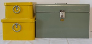 lot 301 image: Three Retro Metal Yellow Storage Containers and File Case in Sage by Curmanco
