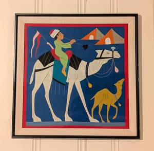 lot 369 image: Vintage Framed Textile Camel Wall Hanging