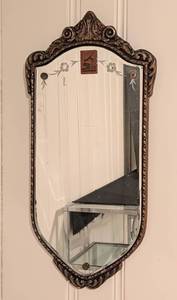 lot 280 image: Antique Etched Glass Wood Wall Mirror