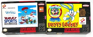 Vintage SUPER NINTENDO TINY TOON ADVENTURE  BUSTS LOOSE 93 & WACKY SPORTS CHALLENGE 94 Games with Case & Manual