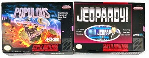 Vintage SUPER NINTENDO  POPULOUS 91 & JEOPARDY 91 Games with Case & Manual
