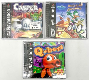 Vintage SONY PLAYSATATION CASPER FRIENDS AROUND THE WORLD & TINY TOON ADVENTURES PLUCKYS BIG ADVENTURE & QBERT Games -NIB