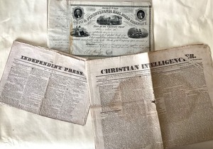 lot 17 image: 19th Century Newspapers and RR Stock Certificate