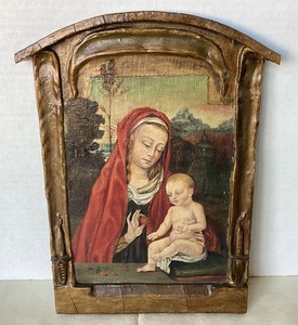 lot 123 image: Antique Flemish Painted Panel Madonna & Child