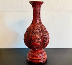 Vintage Cinnabar Carved 14 Vase on Wooden Stand w Brass Accents