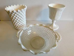ANCHOR HOBNAIL Moonstone Opalescent Bowl, Milk Glass Goblet and Vase Set of Three