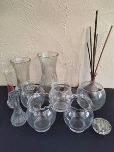 Lot of Misc. Glass Candle Holders, Vases & Flower Frog