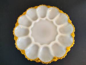 Vintage Milk Glass Egg Server w Gold Trim