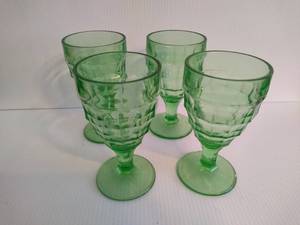 Vintage Green Vaseline Glass Footed Goblets (4)