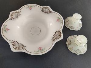 Vintage MCM Opaque Glass Serving Bowl & Matching Candle Holders