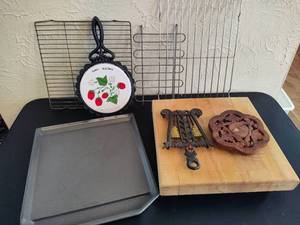 Lot of Assorted Trivets Wire Racks & Cutting Board