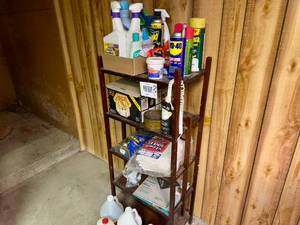 Wood Shelf Organizer with Misc House Hold Chemicals and Products