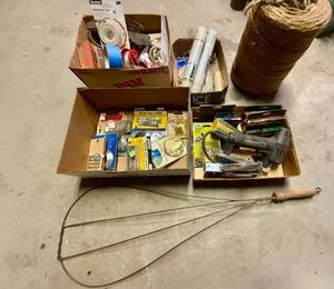 Lot of Misc Tape, String, Staples, Picture Hanging Hardware - Vintage Rug Beater