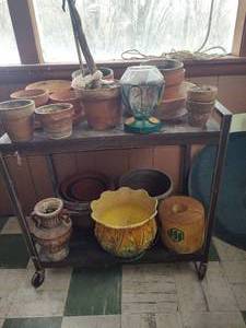 Lot of Outdoor Pots, Twine & Rolling Cart
