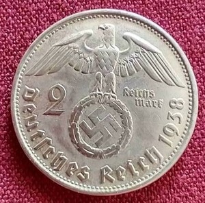1938 German Third Reich Silver 2 Mark Coin