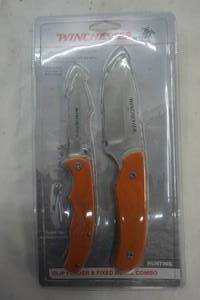 lot 30 image: Winchester Clip Folder & Fixed Blade Combo. Hunting Knife Set. Belt sheath for fixed blade included.