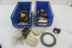 lot 282 image: containers and contents 2ct wire, plug-in adaptors, hardware, and more