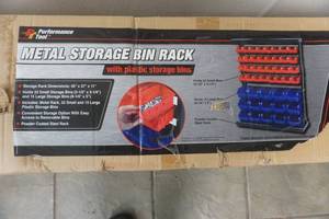 lot 369 image: NEW IN BOX Performance Tool Metal Storage Bin Rack with plastic storage bins.